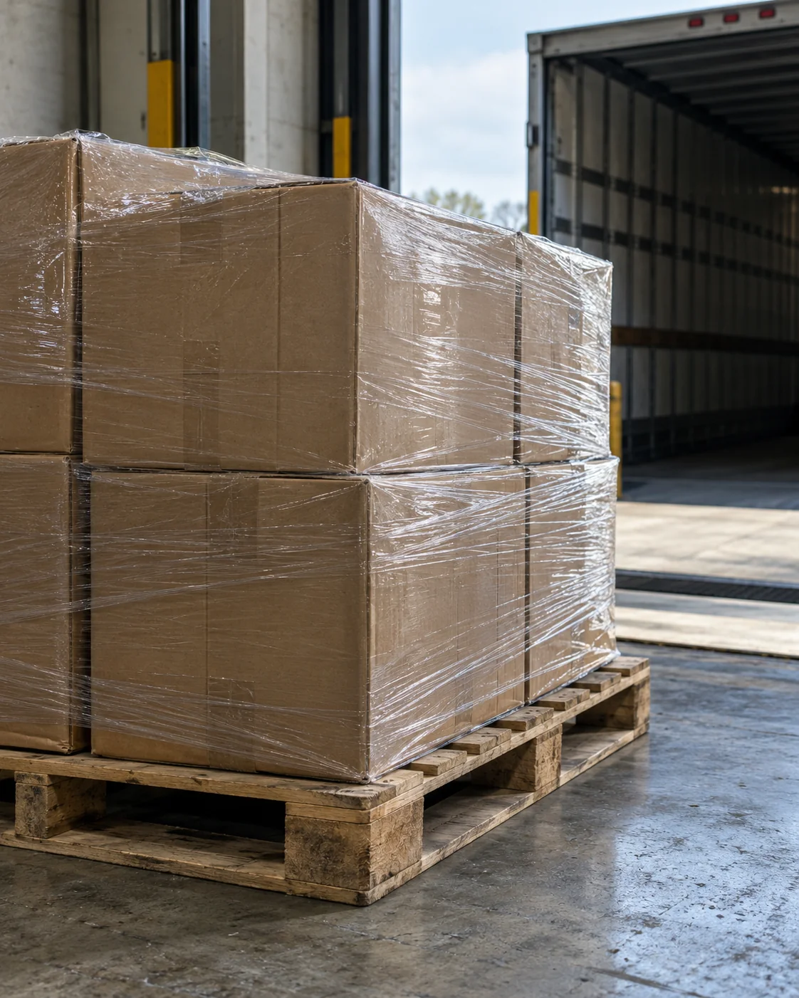 AI-generated illustrative close-up of palletized cartons ready for loading.