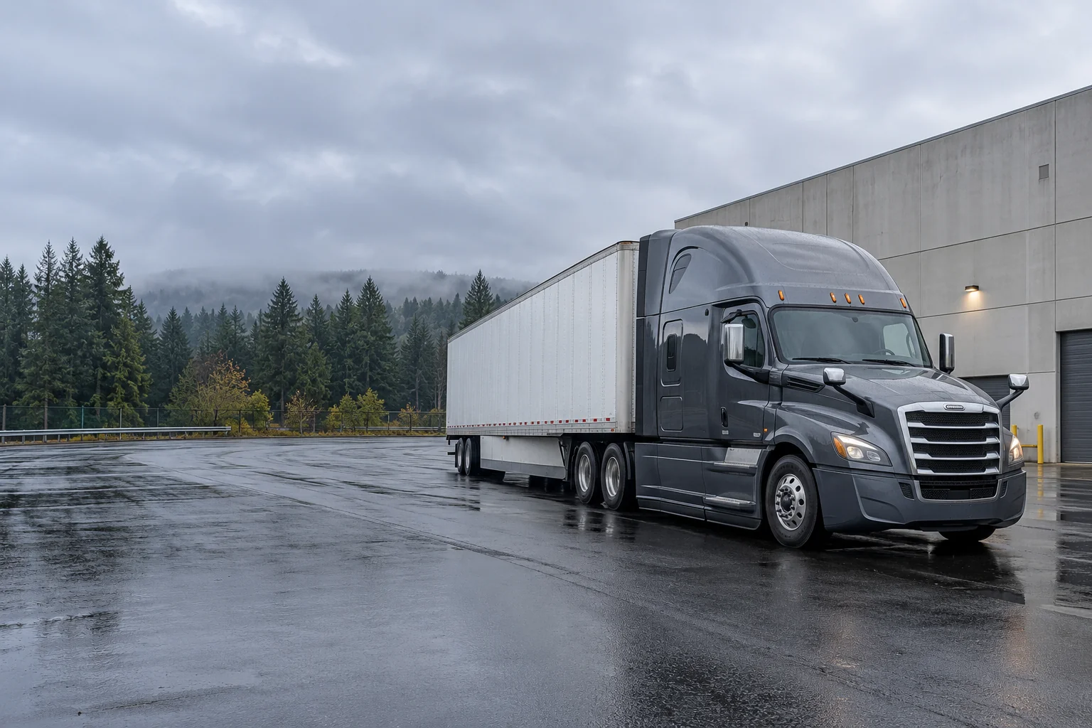 AI-generated illustrative scene of an unbranded semi-truck at a misty freight terminal.