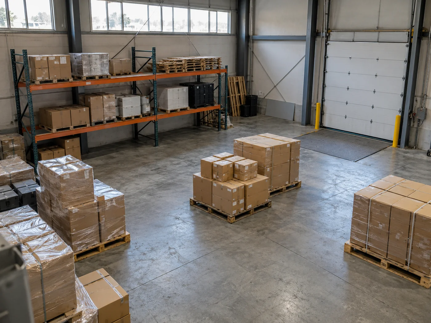 AI-generated illustrative view of pallets arranged for loading inside a warehouse.